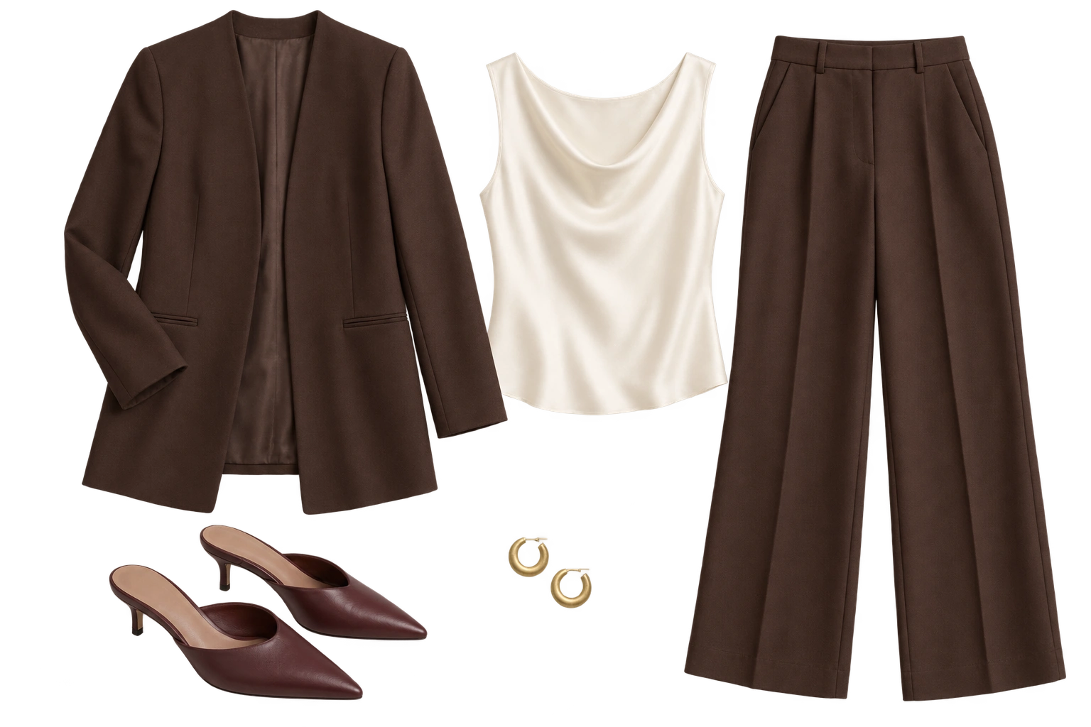 Chocolate collarless longline jacket and relaxed tailored trousers, ivory shell, oxblood mules and small gold hoops.