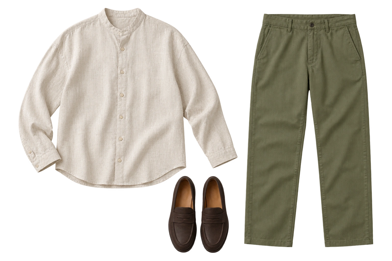 Ecru linen shirt, olive cotton trousers and brown loafers.