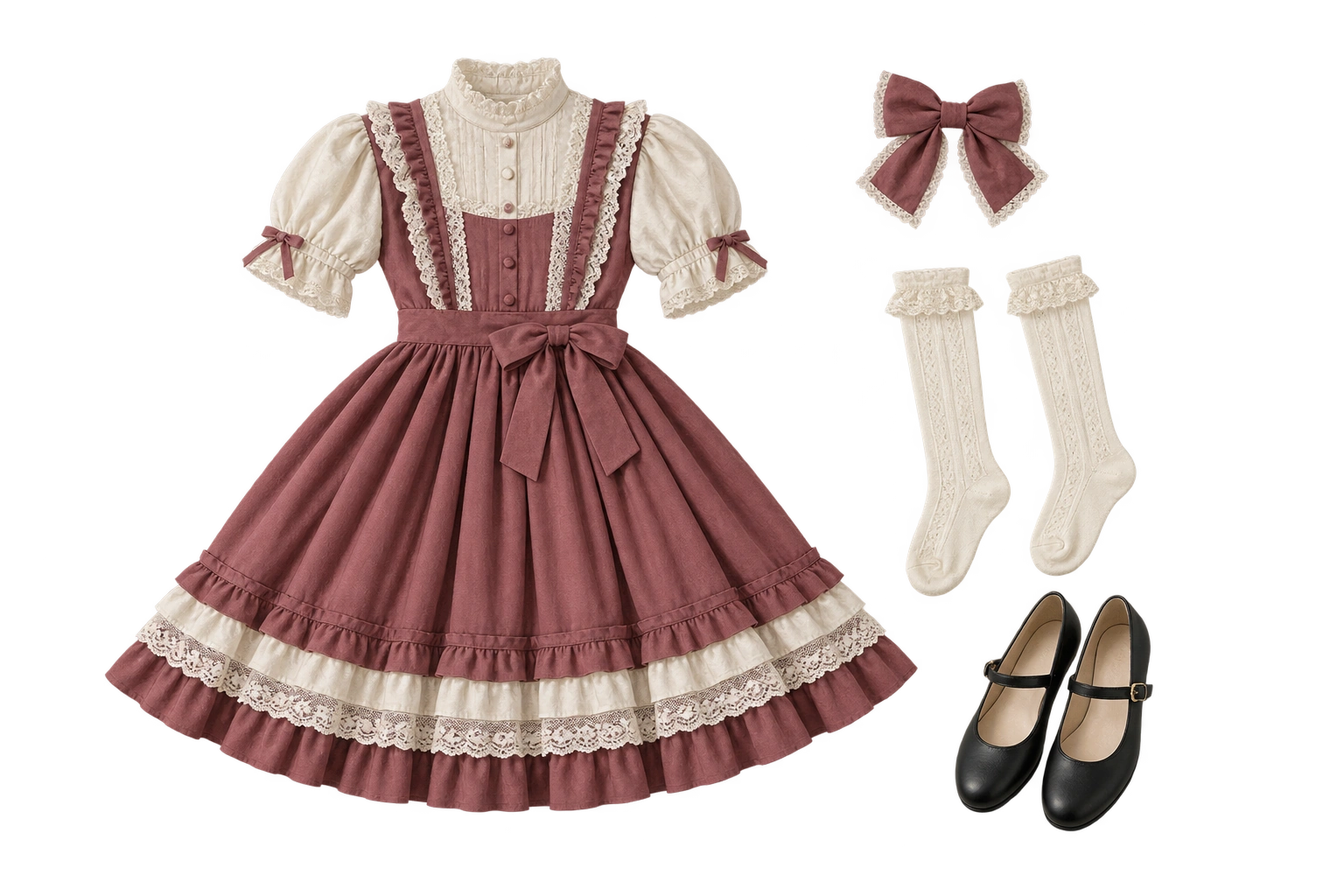 Berry and ivory Lolita dress with lace, a matching bow, socks and Mary Jane shoes.