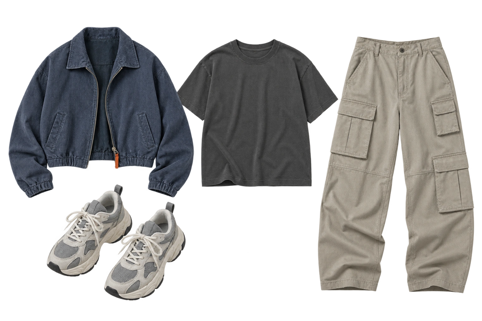 Ink-blue streetwear jacket, charcoal T-shirt, loose cargo trousers and gray-white sneakers.