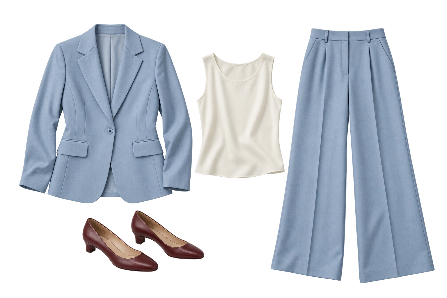 Dove-blue women’s blazer and wide-leg trousers, ivory shell and burgundy pumps.