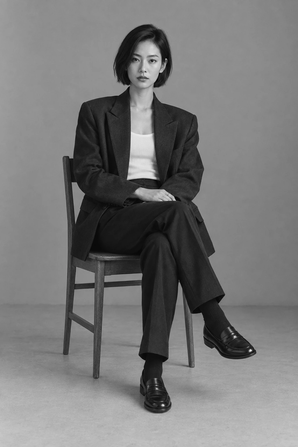 A black-and-white full-length portrait of a young woman with a sleek black bob, seated with crossed legs in an oversized dark blazer, white tank, straight trousers and loafers.