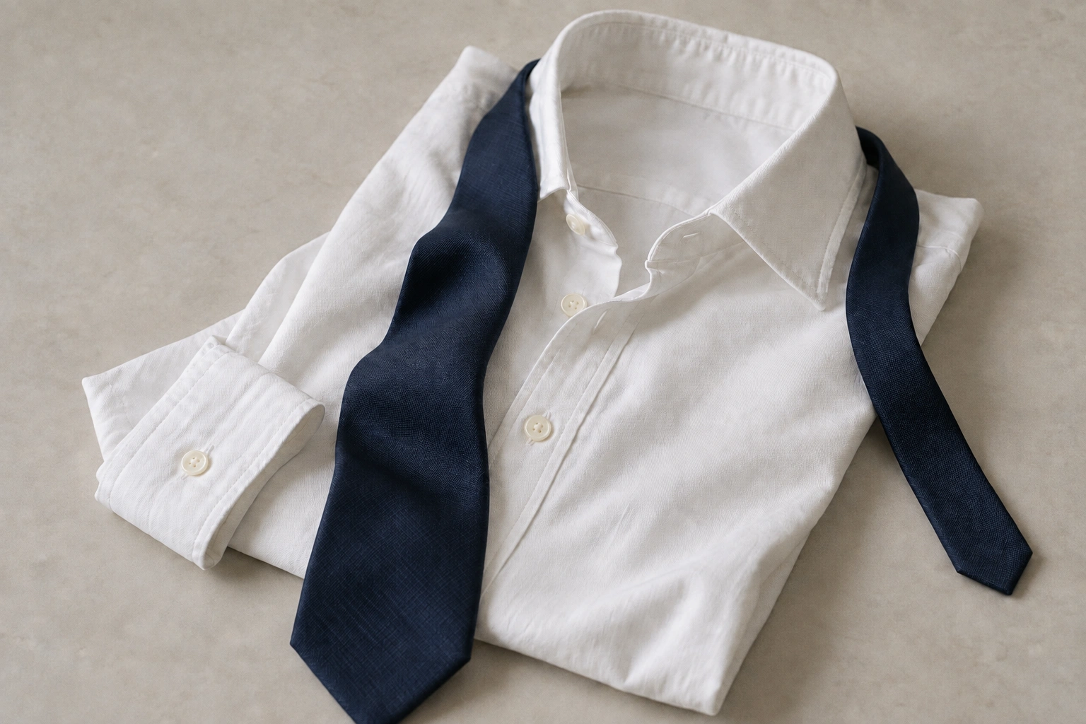 An untied navy silk necktie draped naturally over a folded white cotton shirt.
