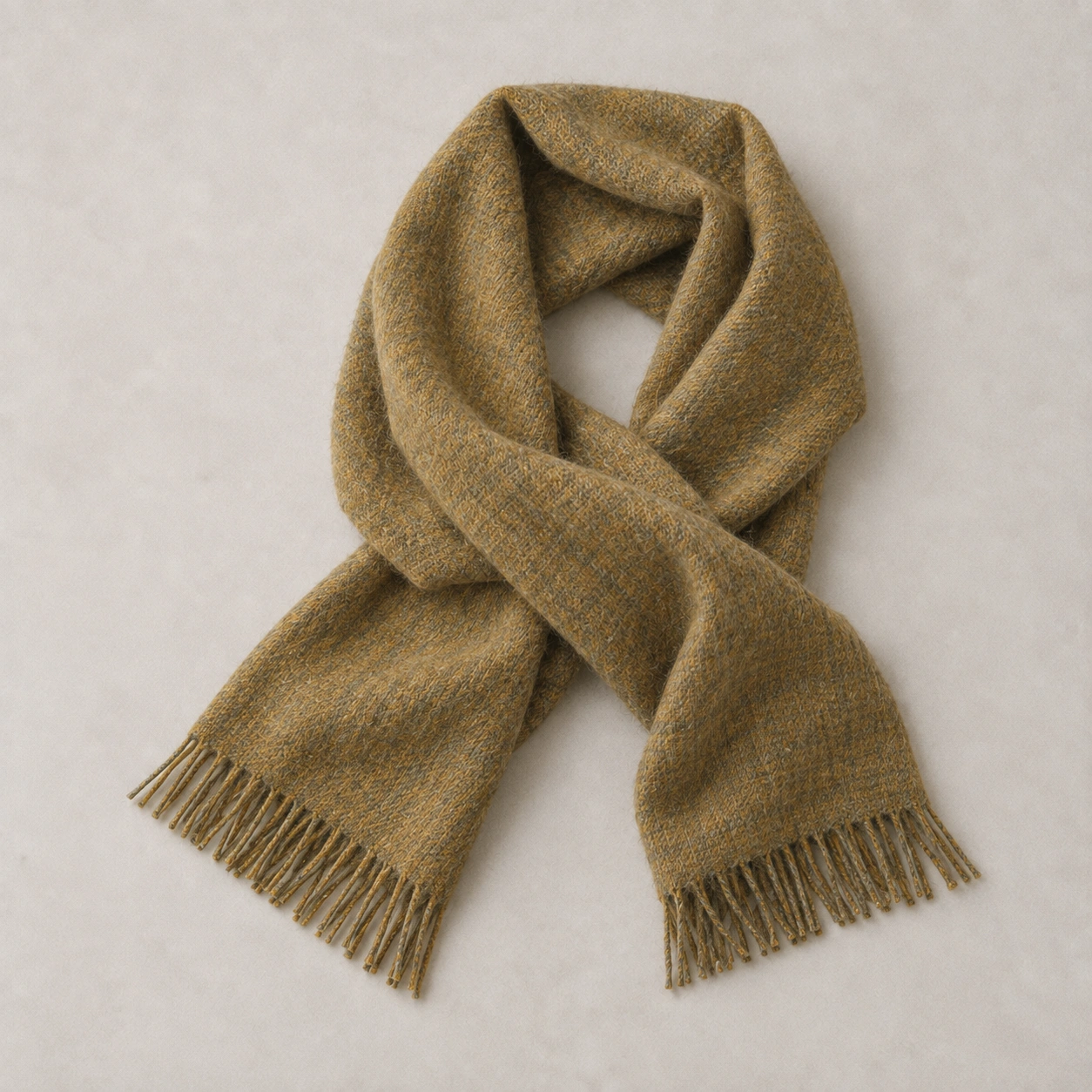 An ochre wool scarf with a loose curved fold and fine fringe, photographed in soft daylight.