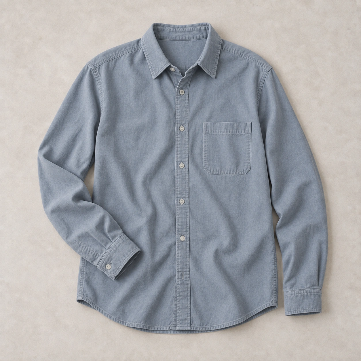 A softly washed slate-blue cotton shirt, laid naturally on a pale stone surface.