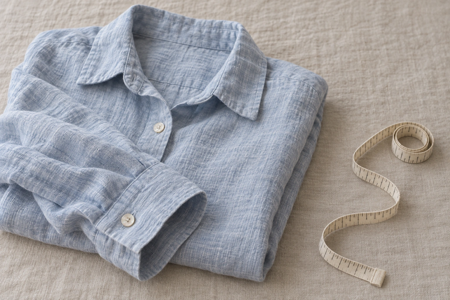 A folded pale blue linen shirt with a cloth measuring tape beside it.
