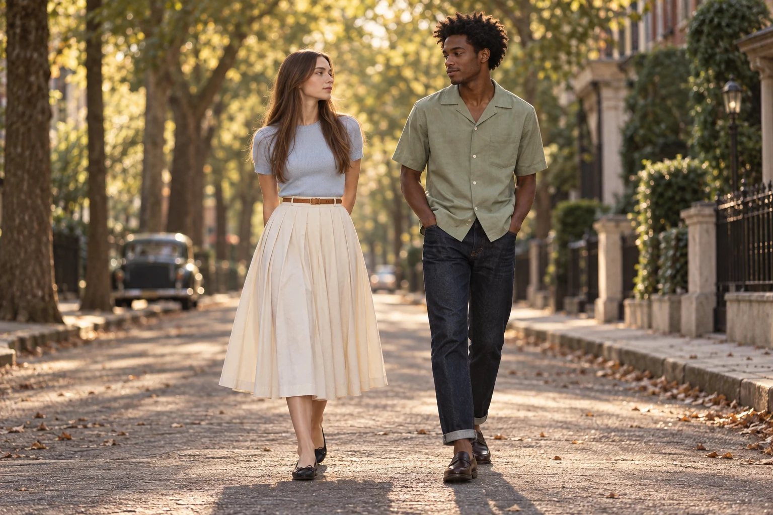 Two stylish young friends walk together on a tree lined street in modern outfits shaped by 1950s fashion