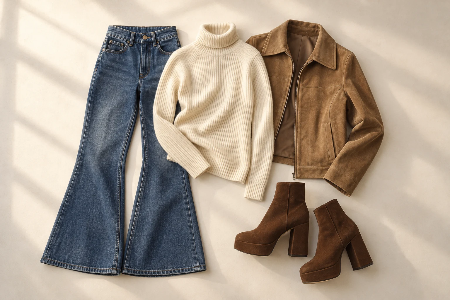 Flared jeans, a cream turtleneck, a tan suede jacket and brown platform boots rest on a warm neutral surface.