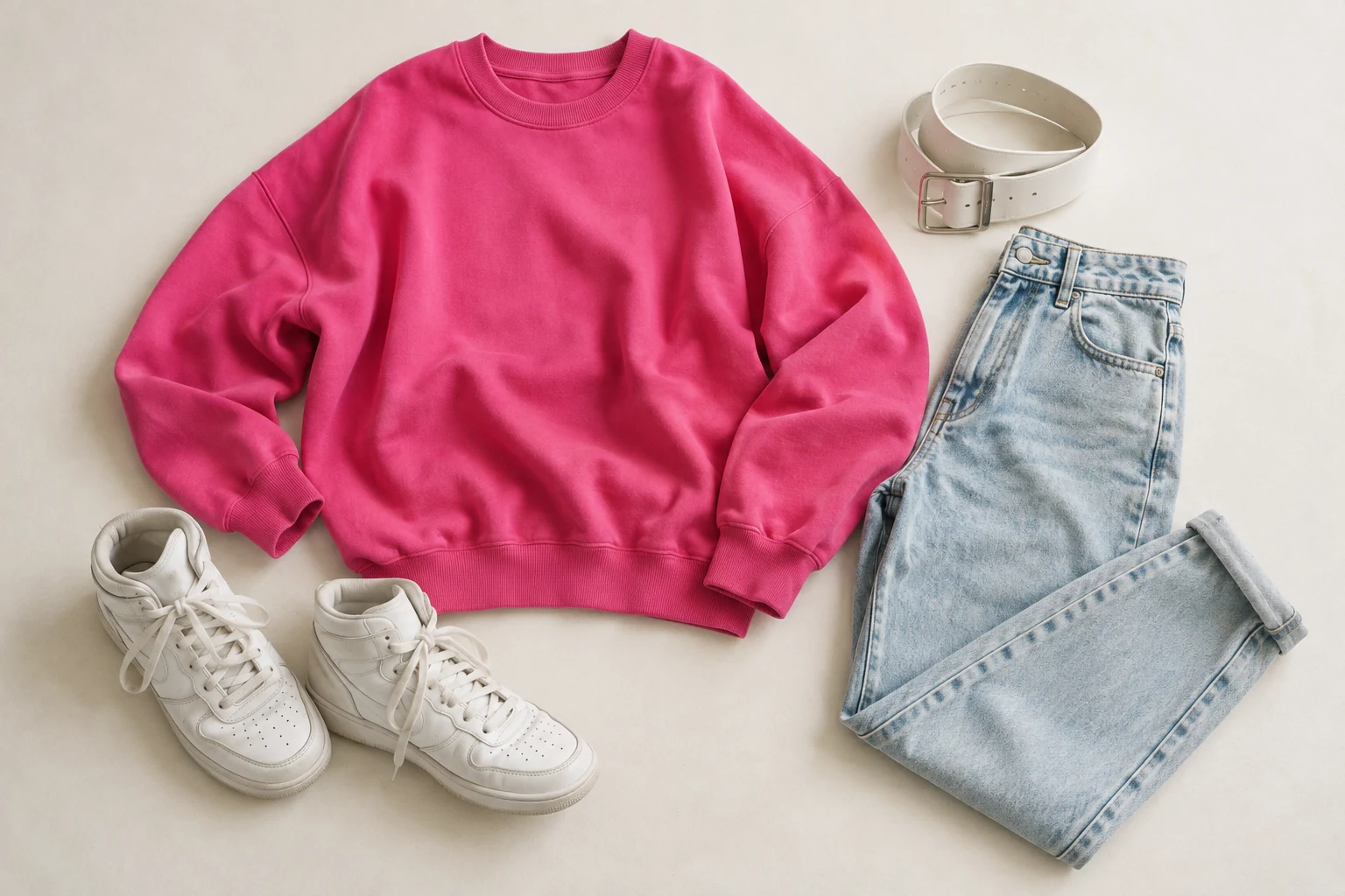A hot pink sweatshirt acid wash jeans white belt and white high top sneakers form an editorial flat lay