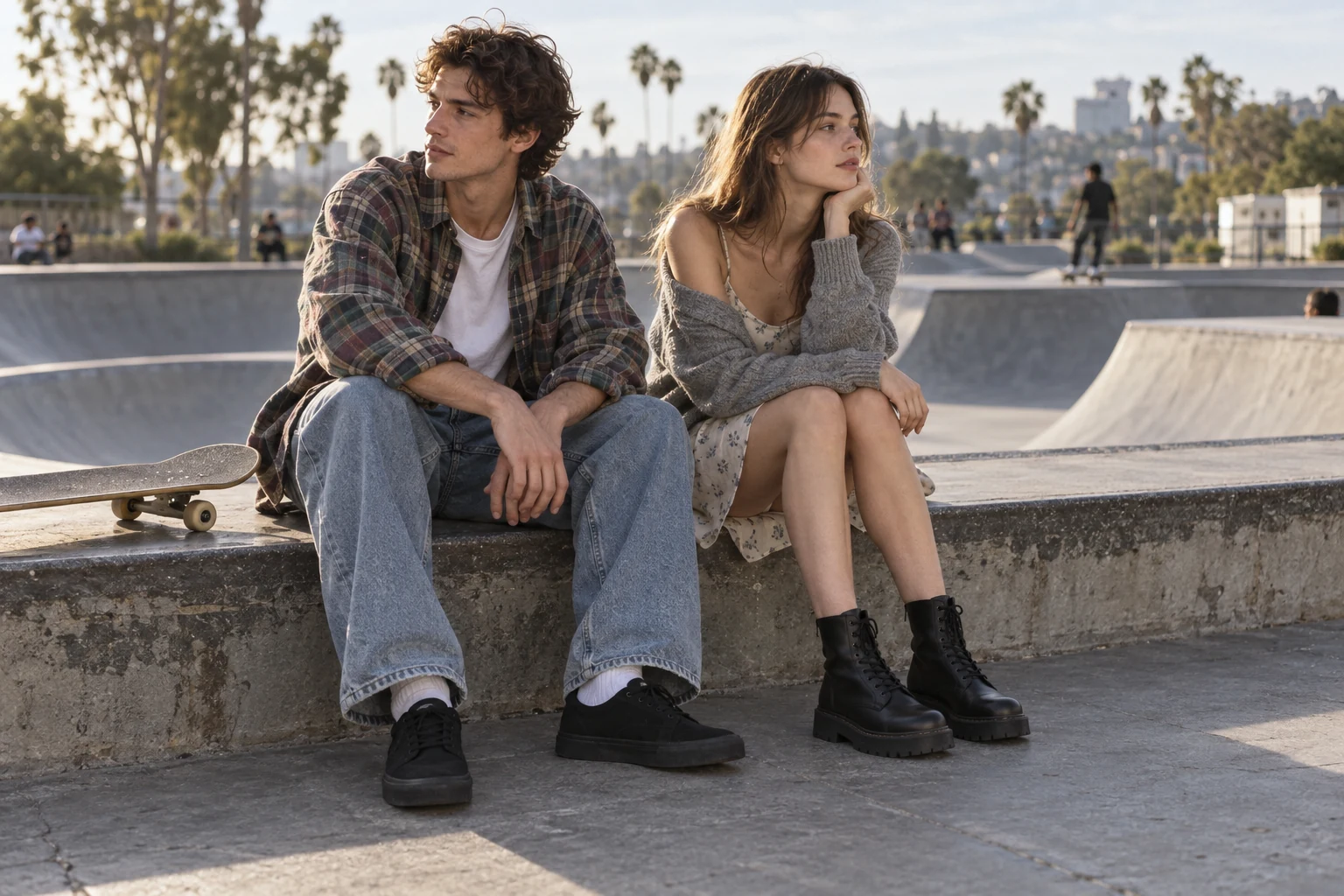 Two young friends in flannel, baggy jeans, a slip dress and gray cardigan sit together on a sunny skate park ledge.