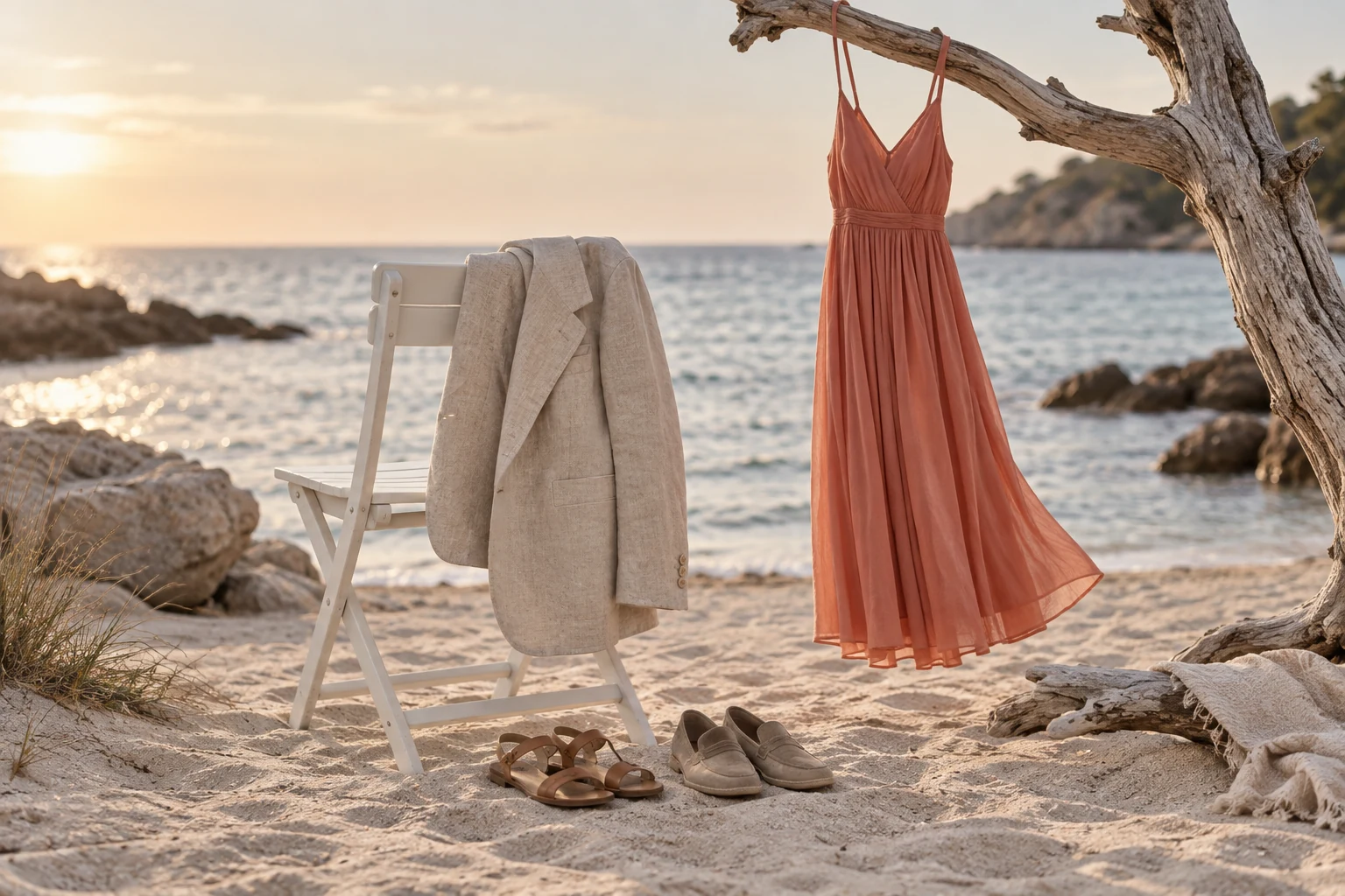 A stone linen jacket and coral dress are arranged with sandals and loafers on a softly lit beach.