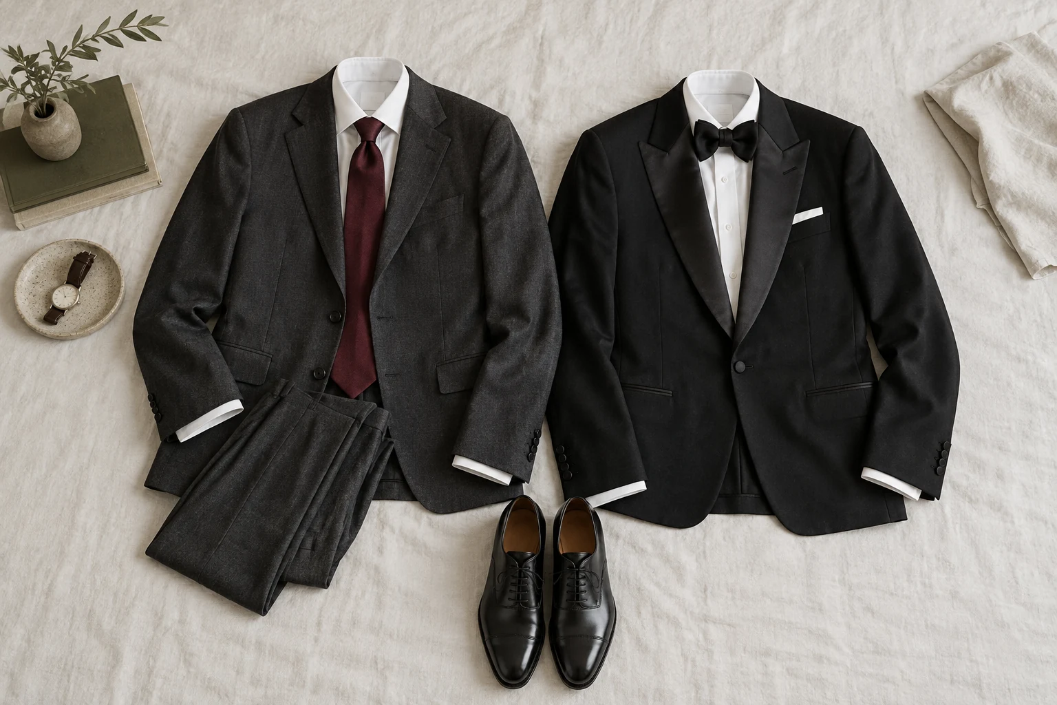 A charcoal suit and a black tuxedo are arranged side by side on pale linen with black oxford shoes