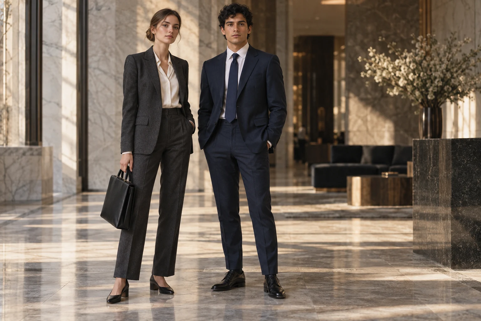 A young woman in a charcoal pantsuit and a young man in a navy suit pose in a sunlit marble lobby.