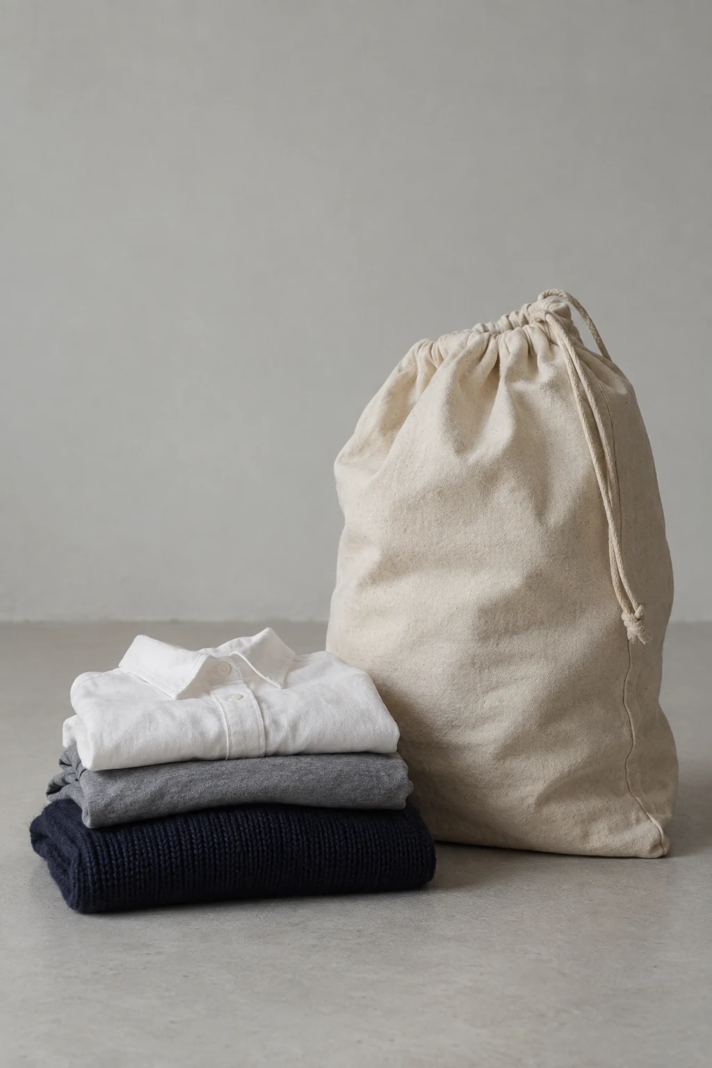 A stack of white gray and navy folded garments rests beside a natural canvas drawstring laundry bag.
