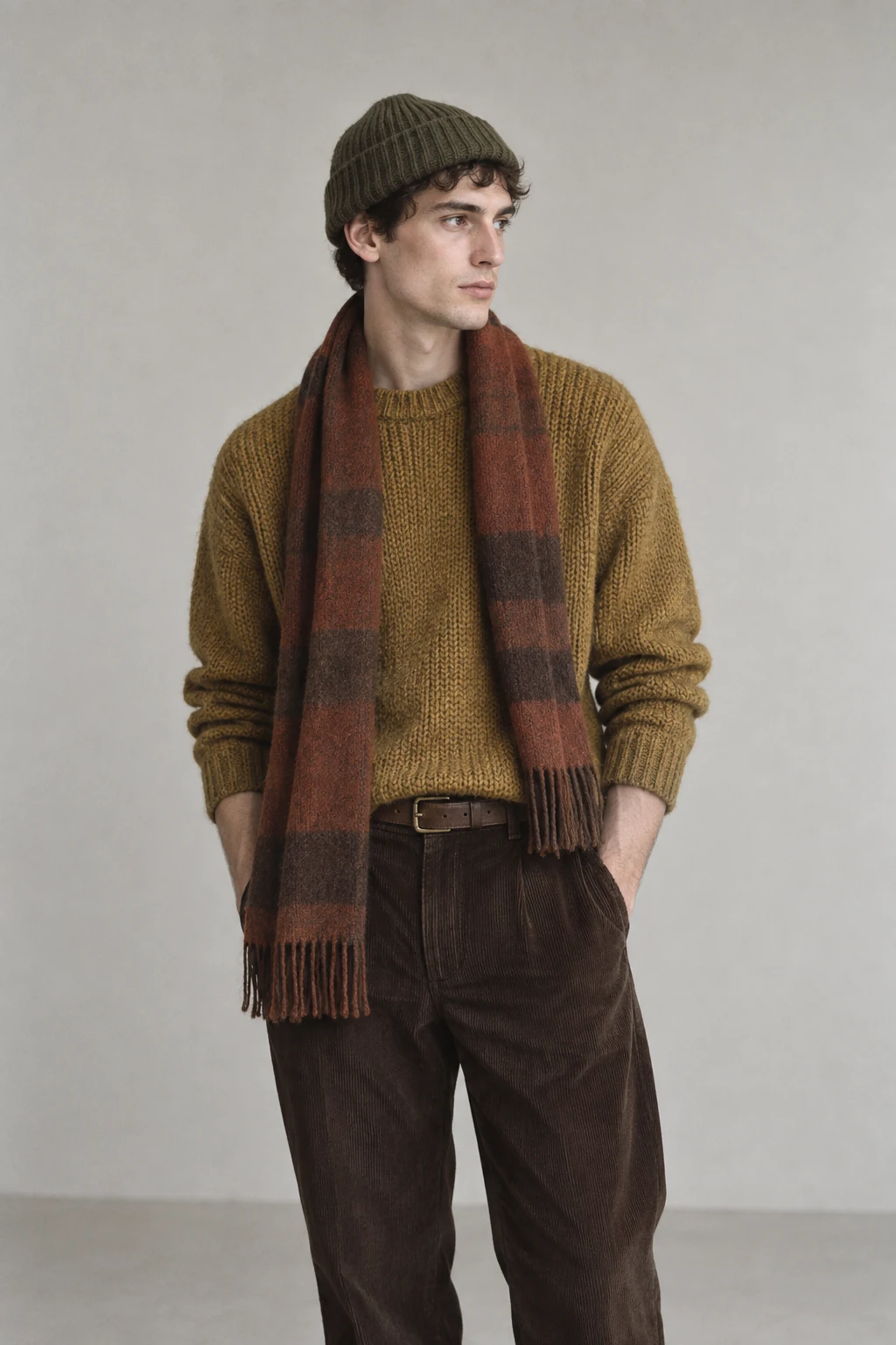 A young man in an olive beanie, mustard sweater, striped scarf, and brown corduroy trousers looks to the side.