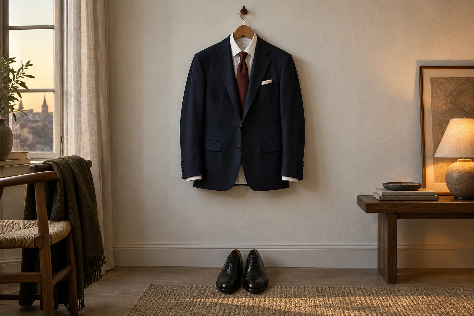A navy suit with burgundy tie hangs on a warm off white wall above polished black oxford shoes
