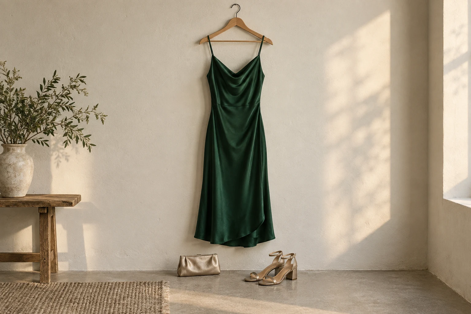 A deep green silk midi dress hangs above a satin clutch and low block heel sandals