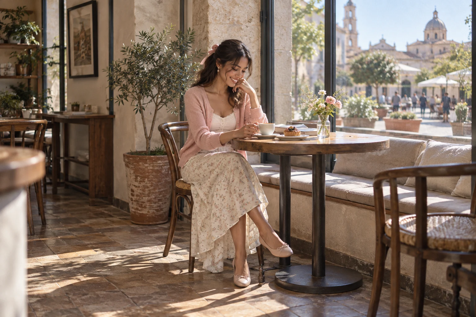 A young woman in a pink cardigan and floral skirt smiles over coffee in a bright cafe window seat.