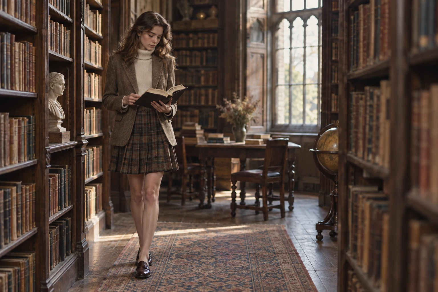 A young woman in tweed and plaid reads an open book while walking through a warmly lit old library