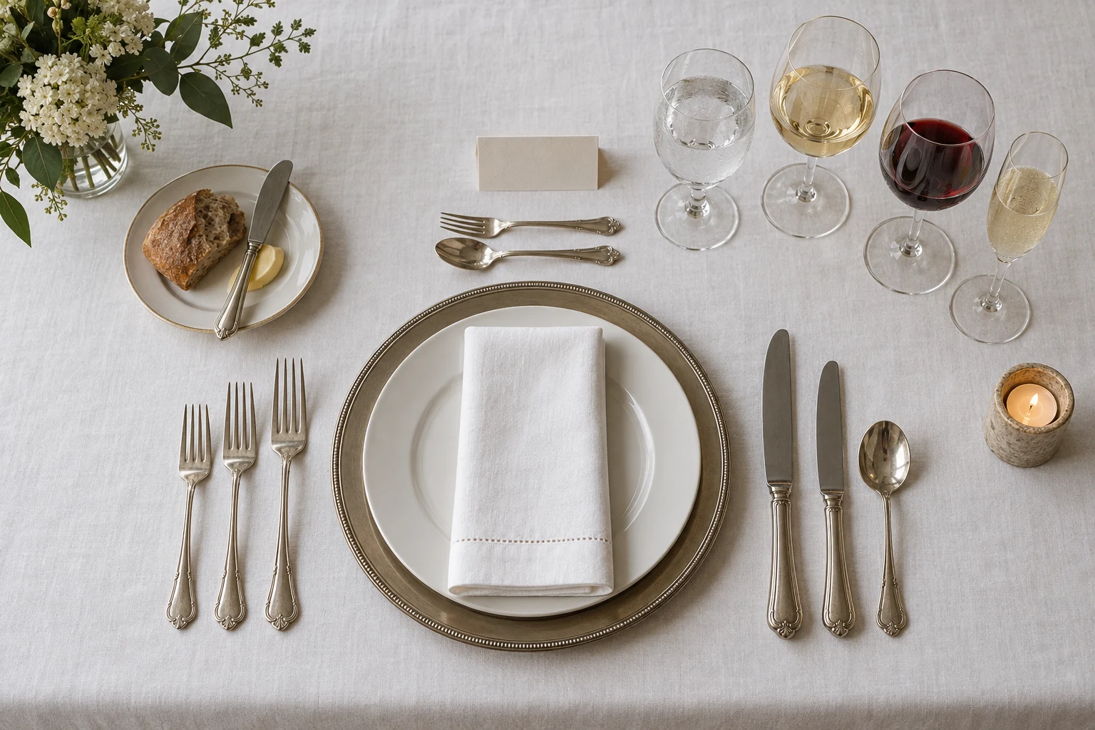 An overhead formal place setting shows a charger folded napkin arranged silverware bread plate and four glasses on white linen.