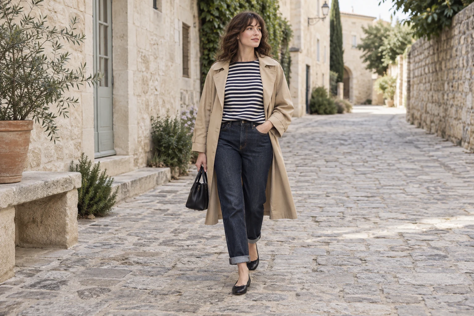 A woman in a striped top, dark jeans and beige trench walks along a quiet pale stone street.