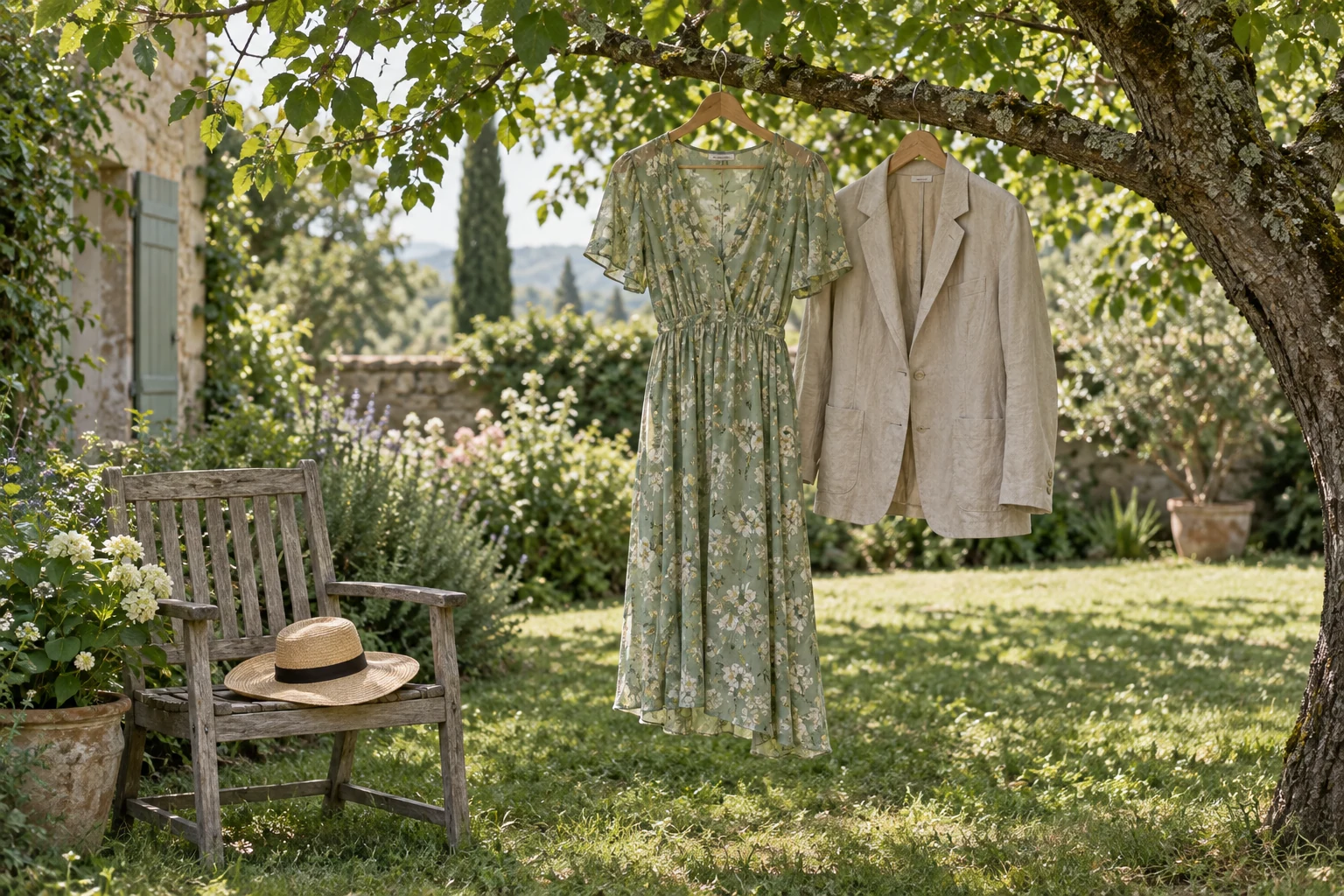 A green floral midi dress and pale linen jacket hang from a tree above a chair with a straw hat