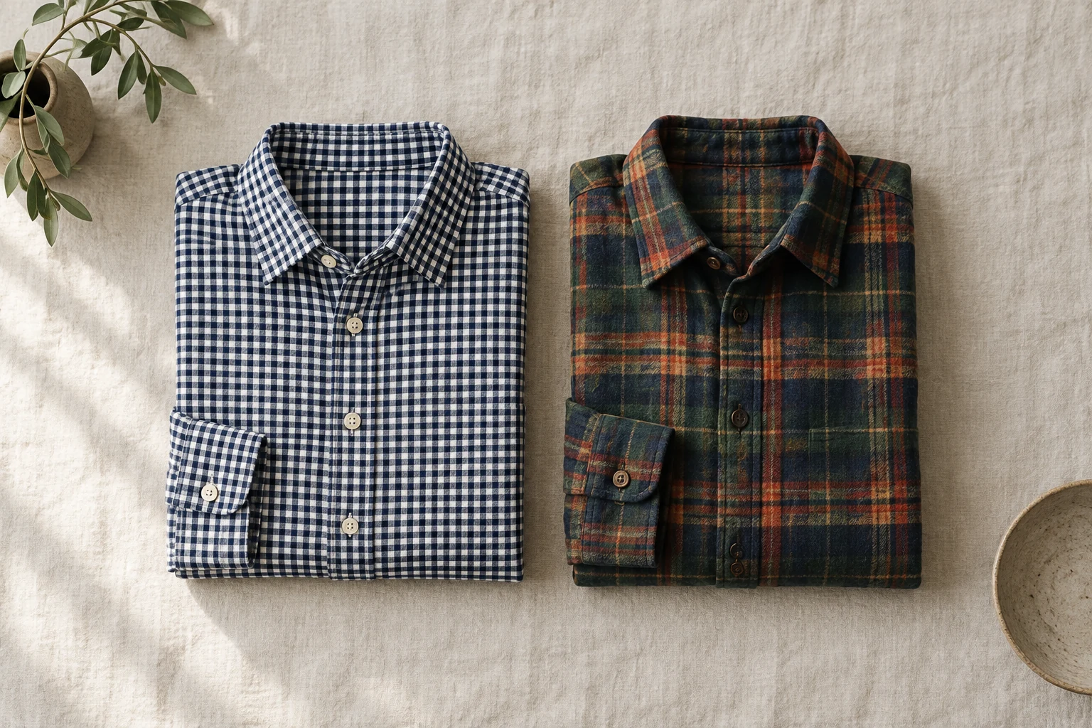 Folded navy gingham and green navy rust plaid shirts sit side by side on textured off white linen