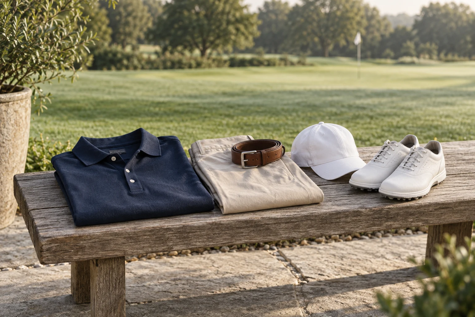 Navy polo, stone trousers, brown belt, white cap and golf shoes rest on a wooden bench beside a green course
