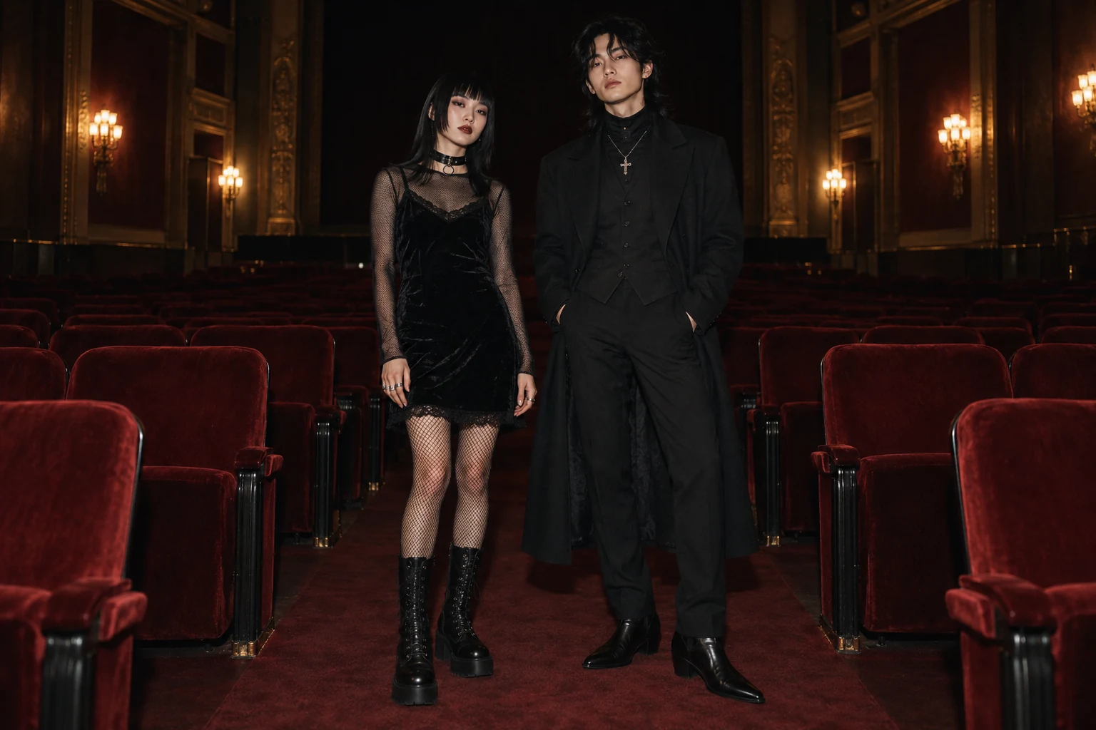 Two young goths pose in black evening clothes between rows of red velvet theater seats.