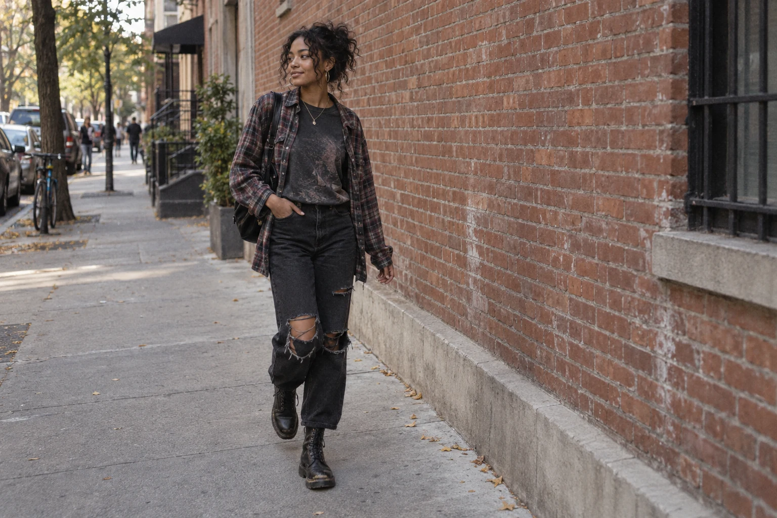 A young Black woman walks beside a brick wall in a faded dark tee, plaid flannel, ripped black jeans and worn boots.