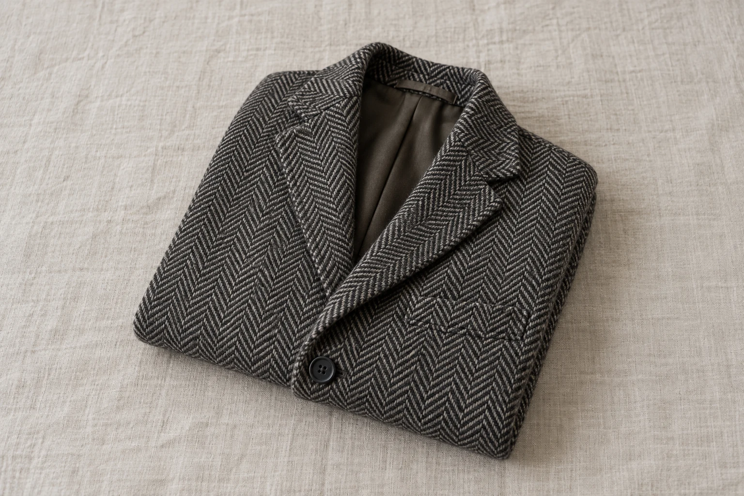 A folded charcoal herringbone jacket rests on pale linen with its textured weave and lapels clearly visible.