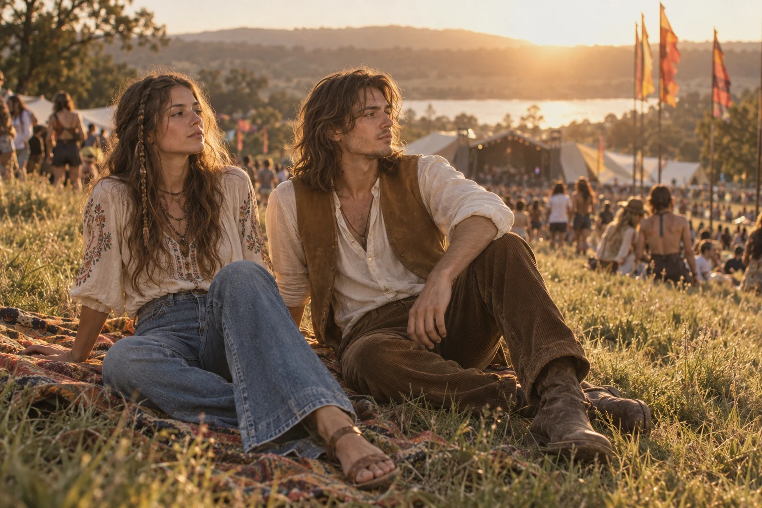 Two young friends in relaxed vintage clothes sit on a blanket above a sunset music festival