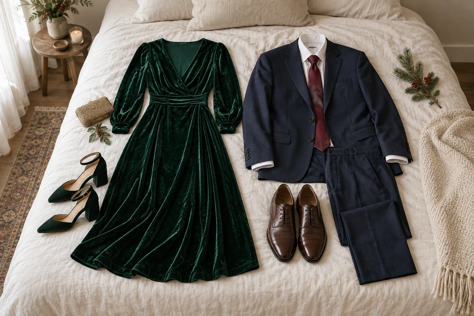 An emerald velvet dress and a navy suit with burgundy tie are arranged with coordinating shoes on an off white bed.