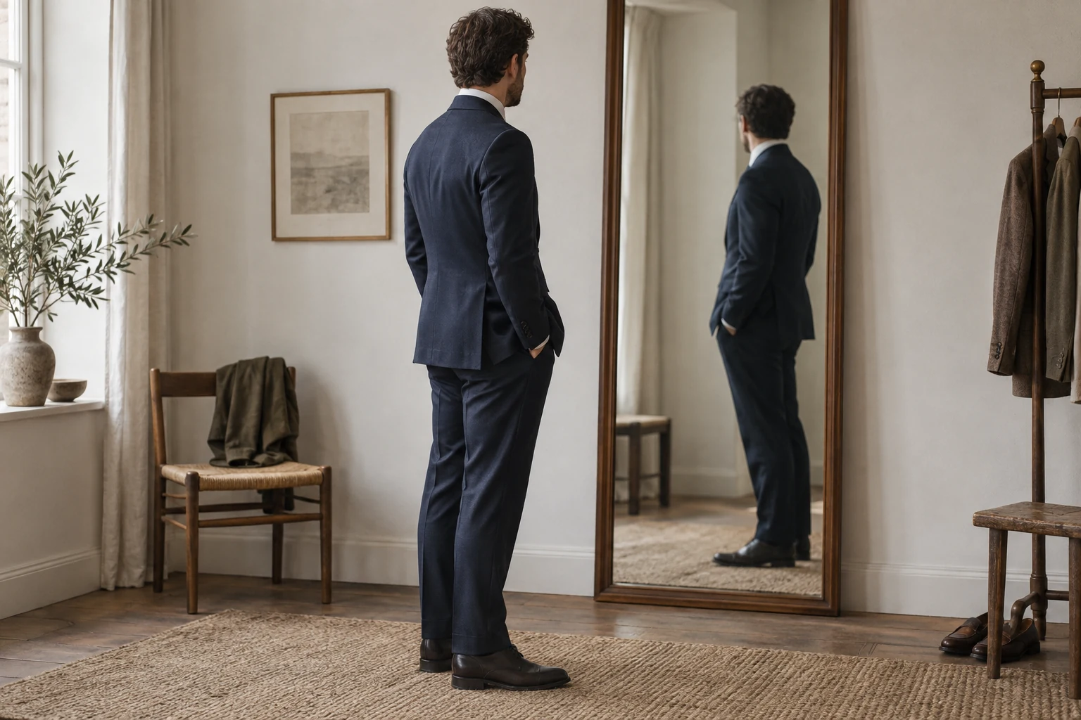 A man in a fitted navy suit studies the shoulder and sleeve line in a tall mirror