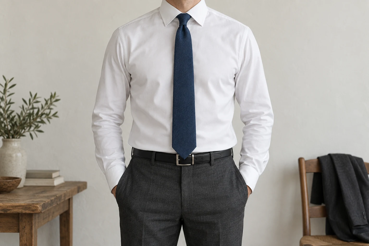 A blue tie ends at the center of a silver belt buckle over charcoal trousers