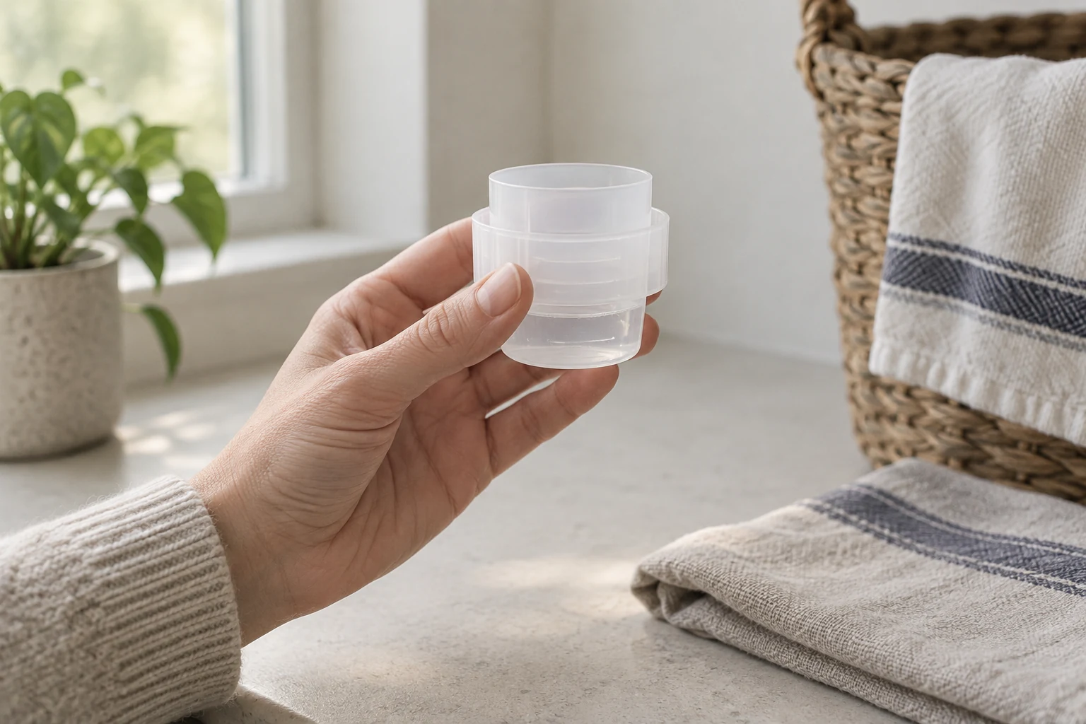 A hand holds a translucent detergent cap with clear liquid at its lowest fill line beside folded linen towels.