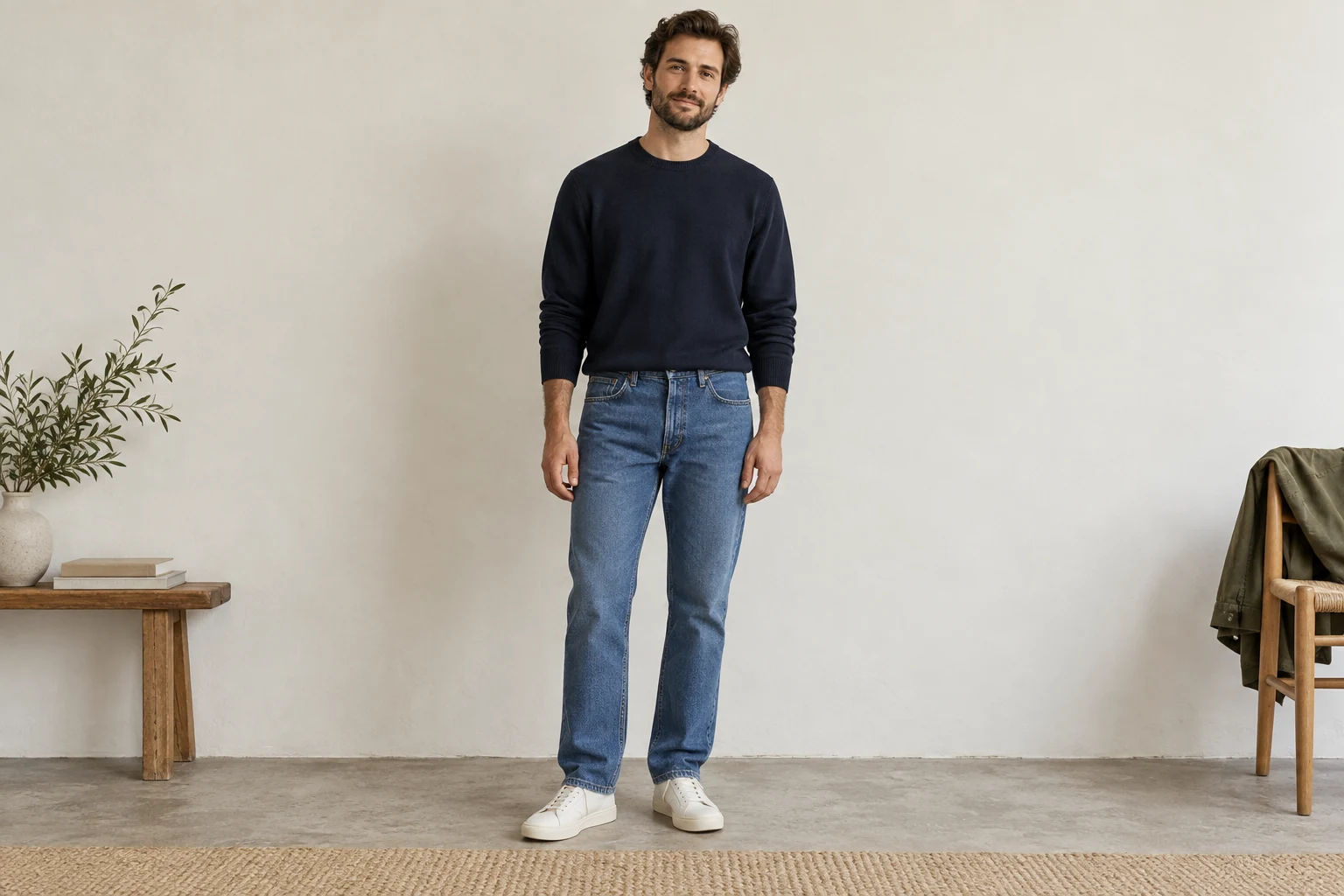 A man stands against an off white wall in straight mid blue jeans and plain white leather sneakers.