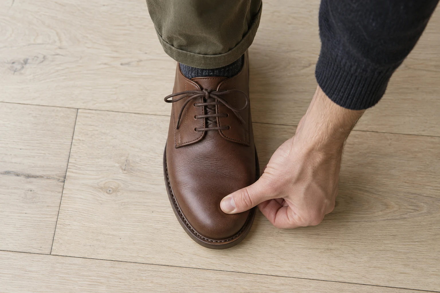 A thumb presses the toe of a plain brown leather lace up shoe on a pale wooden floor.