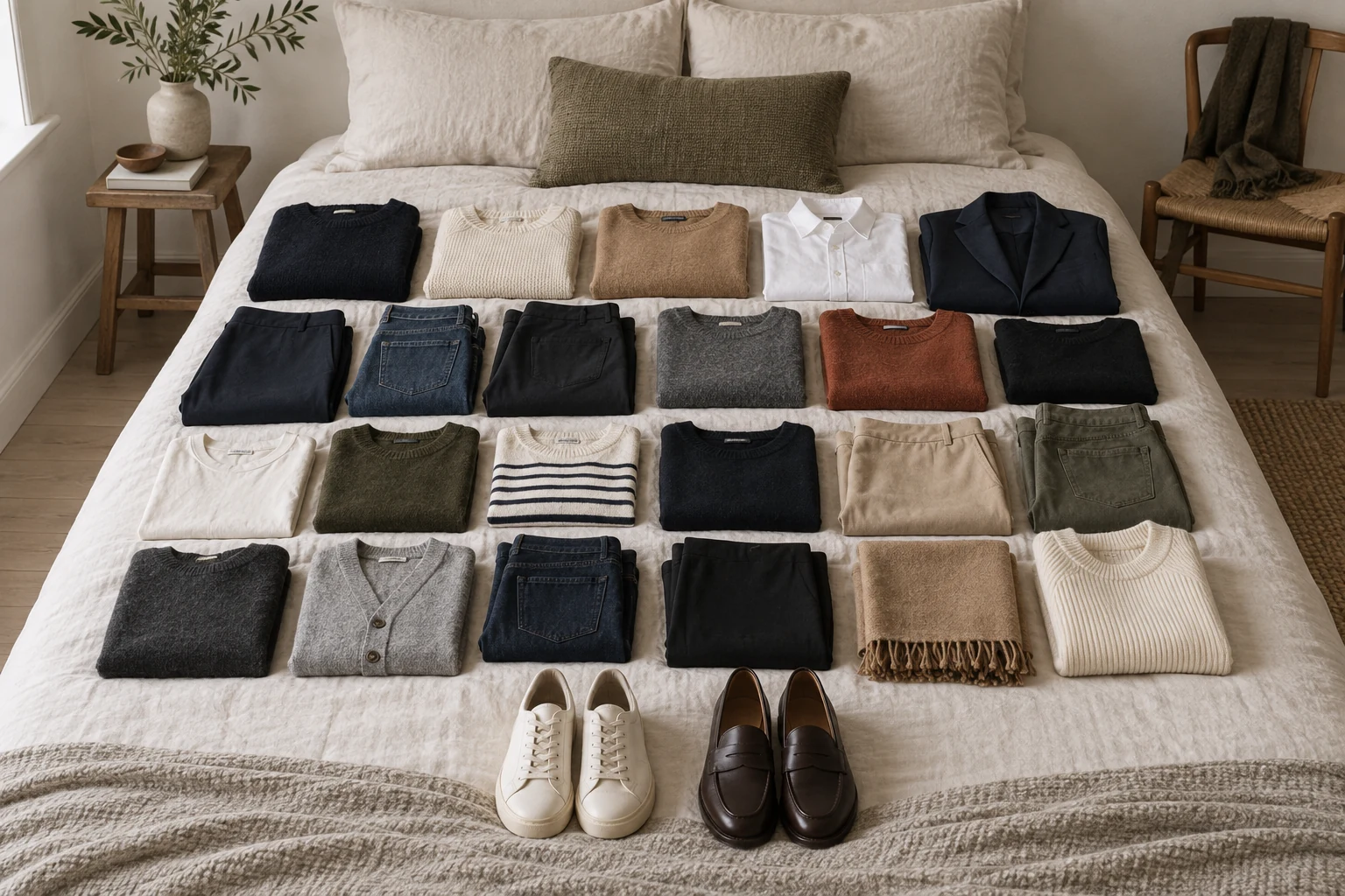 A coordinated capsule wardrobe of folded neutral garments and shoes is arranged across a linen bed