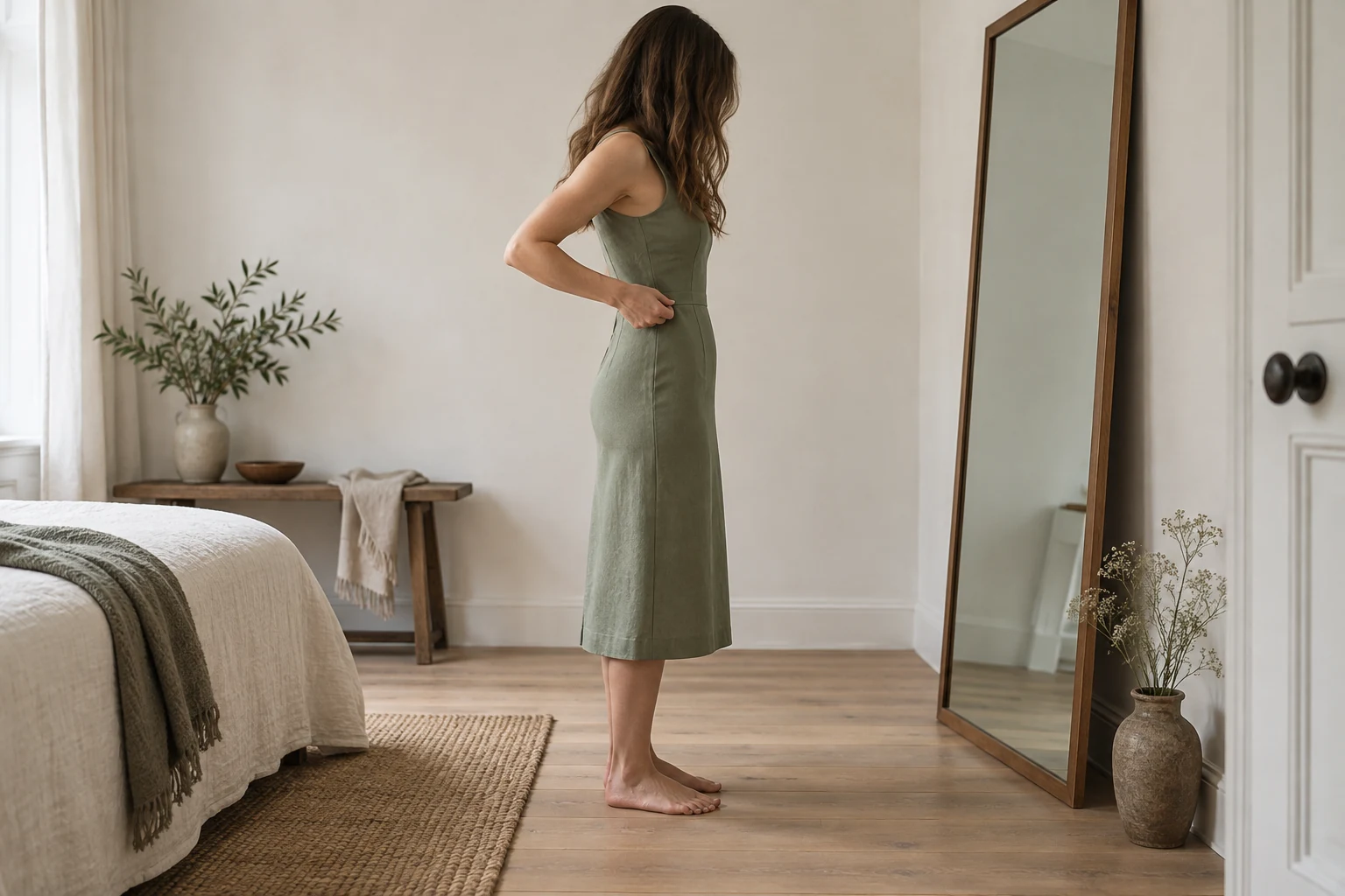 A woman in a sage green midi dress checks the waist seam while standing side on to a tall mirror