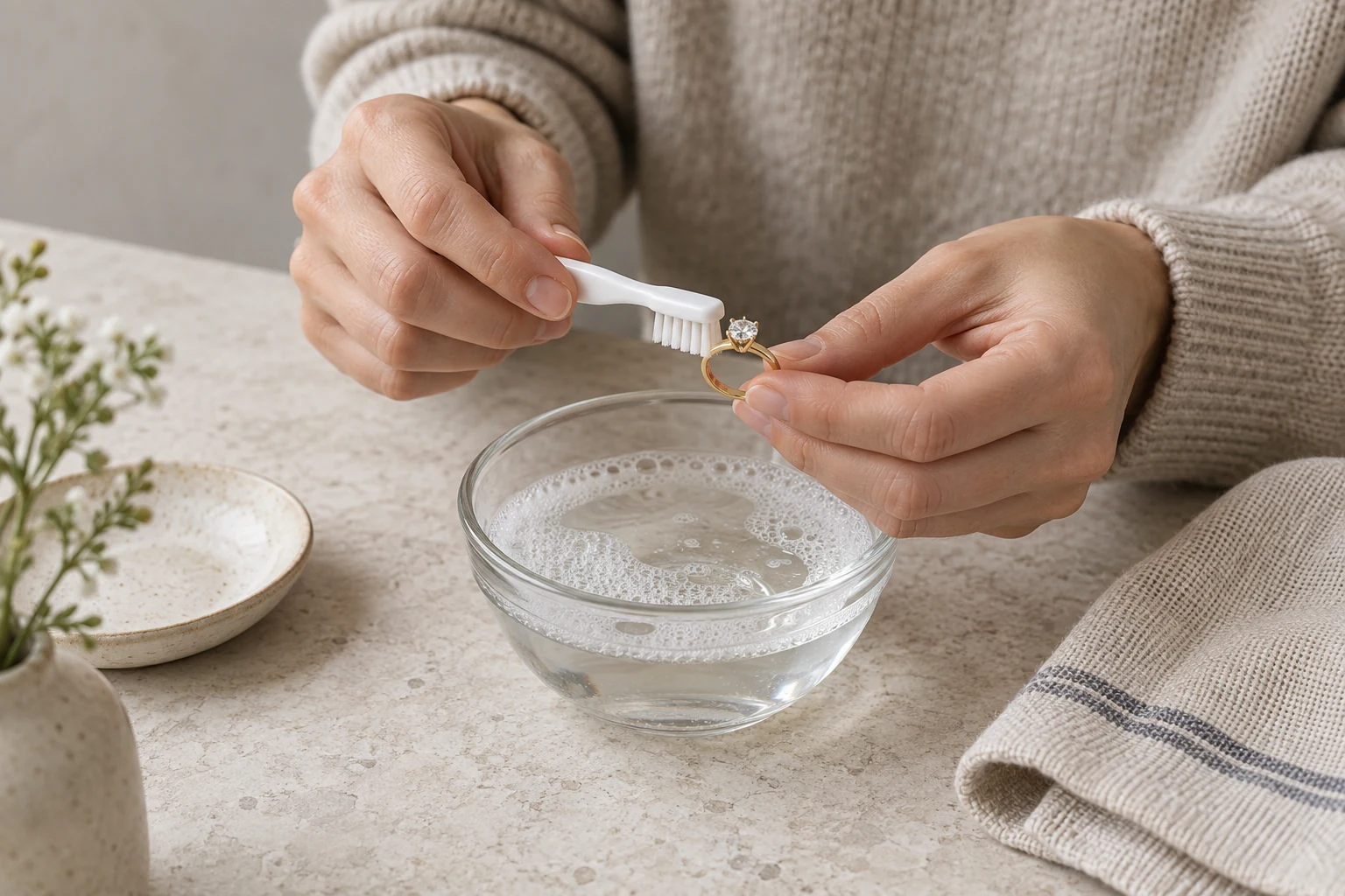Hands clean a yellow gold solitaire ring with a white toothbrush above a glass bowl of soapy water