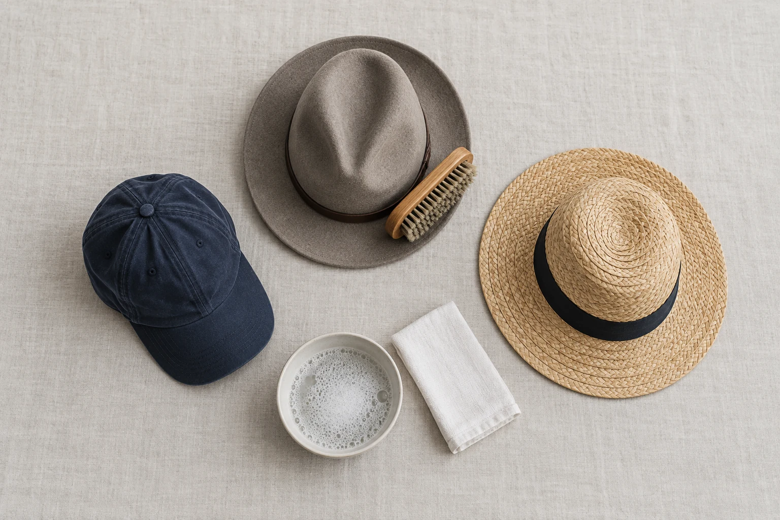 A navy cap, gray fedora and straw hat sit with a brush, soapy water and folded cloth on pale linen.