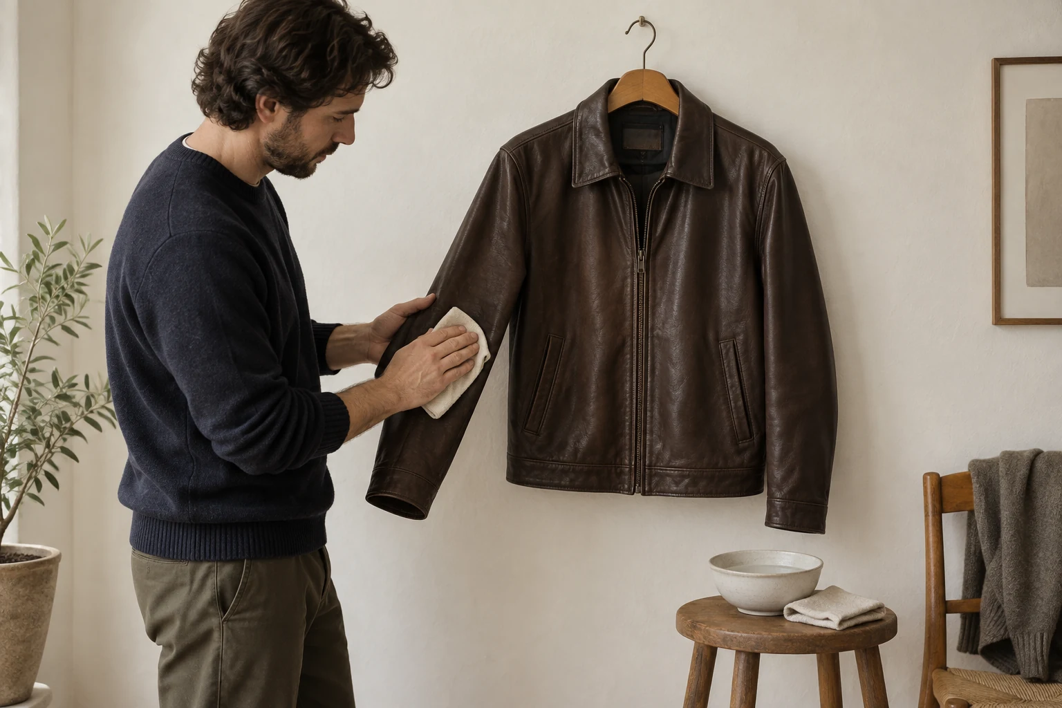 A man gently wipes the sleeve of a dark brown leather jacket hanging above a stool with a bowl of water.