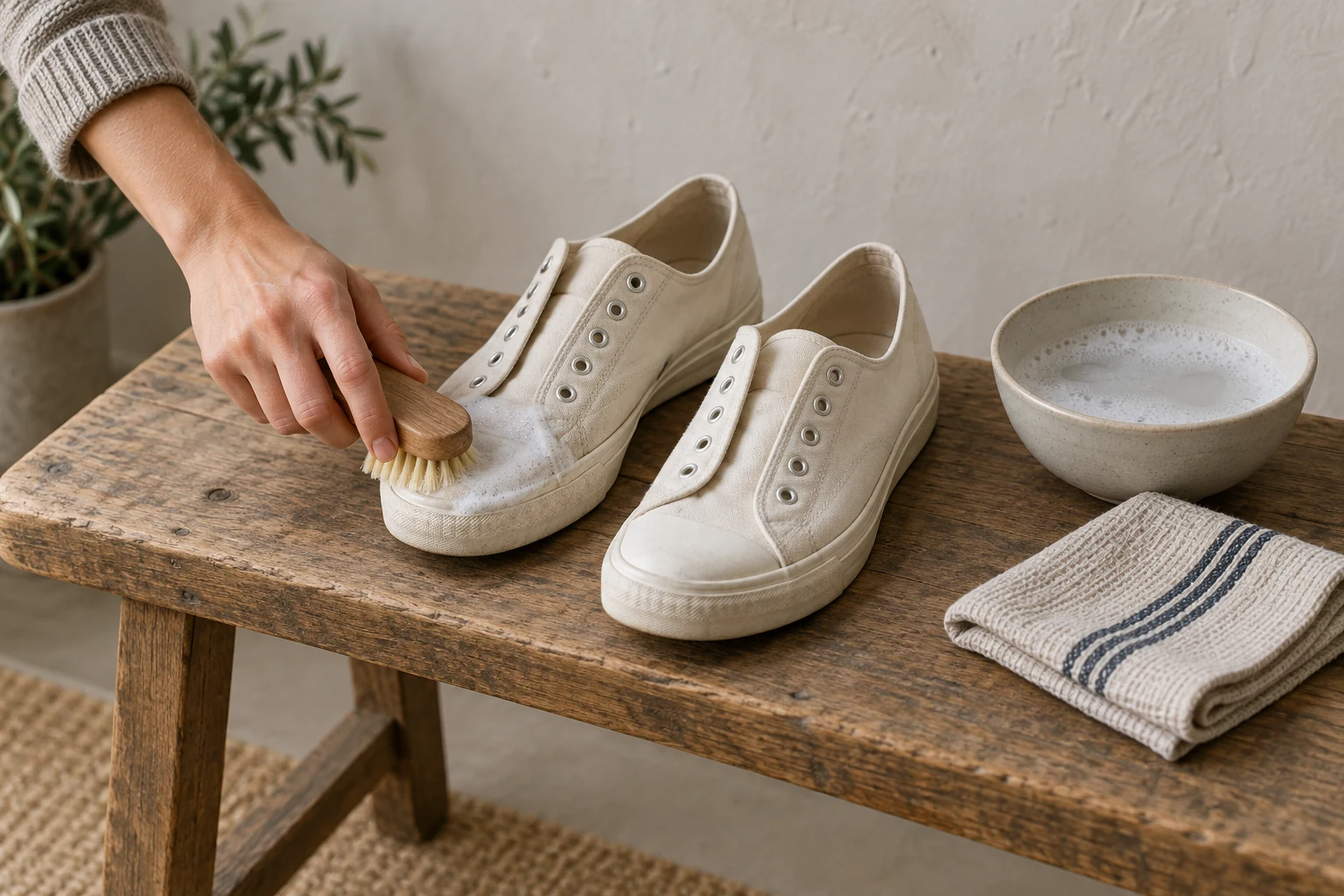 A hand scrubs an unlaced canvas sneaker beside its pair, soapy water and a folded cloth on a wooden bench.