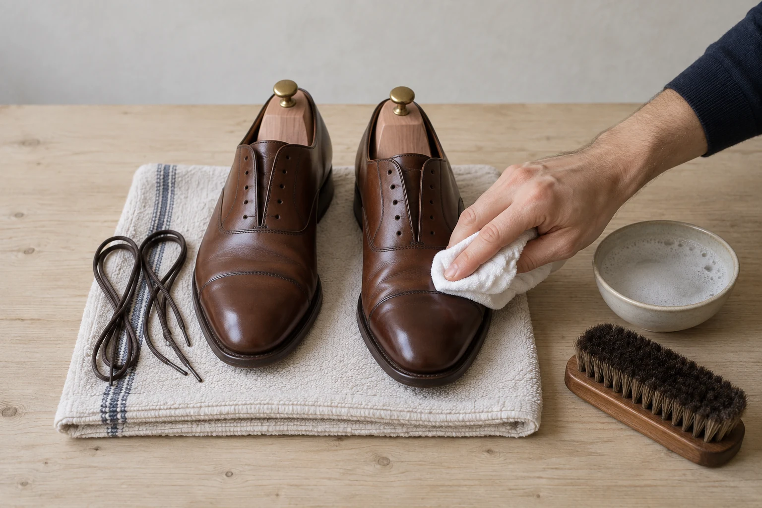 A hand wipes brown leather oxford shoes with shoe trees beside removed laces, soapy water and a brush.