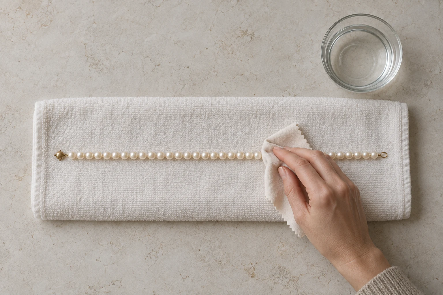 A hand gently wipes a straight strand of white pearls on a folded towel beside a glass bowl of water.