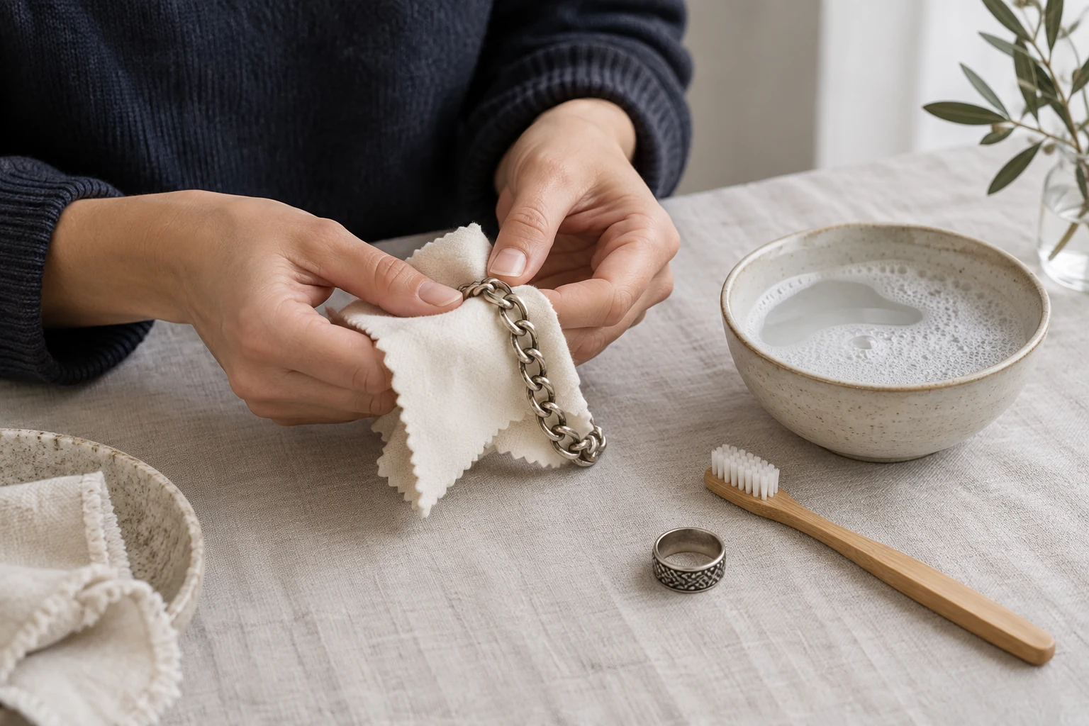 Two hands polish a tarnished silver chain beside soapy water a soft toothbrush and an engraved silver ring.