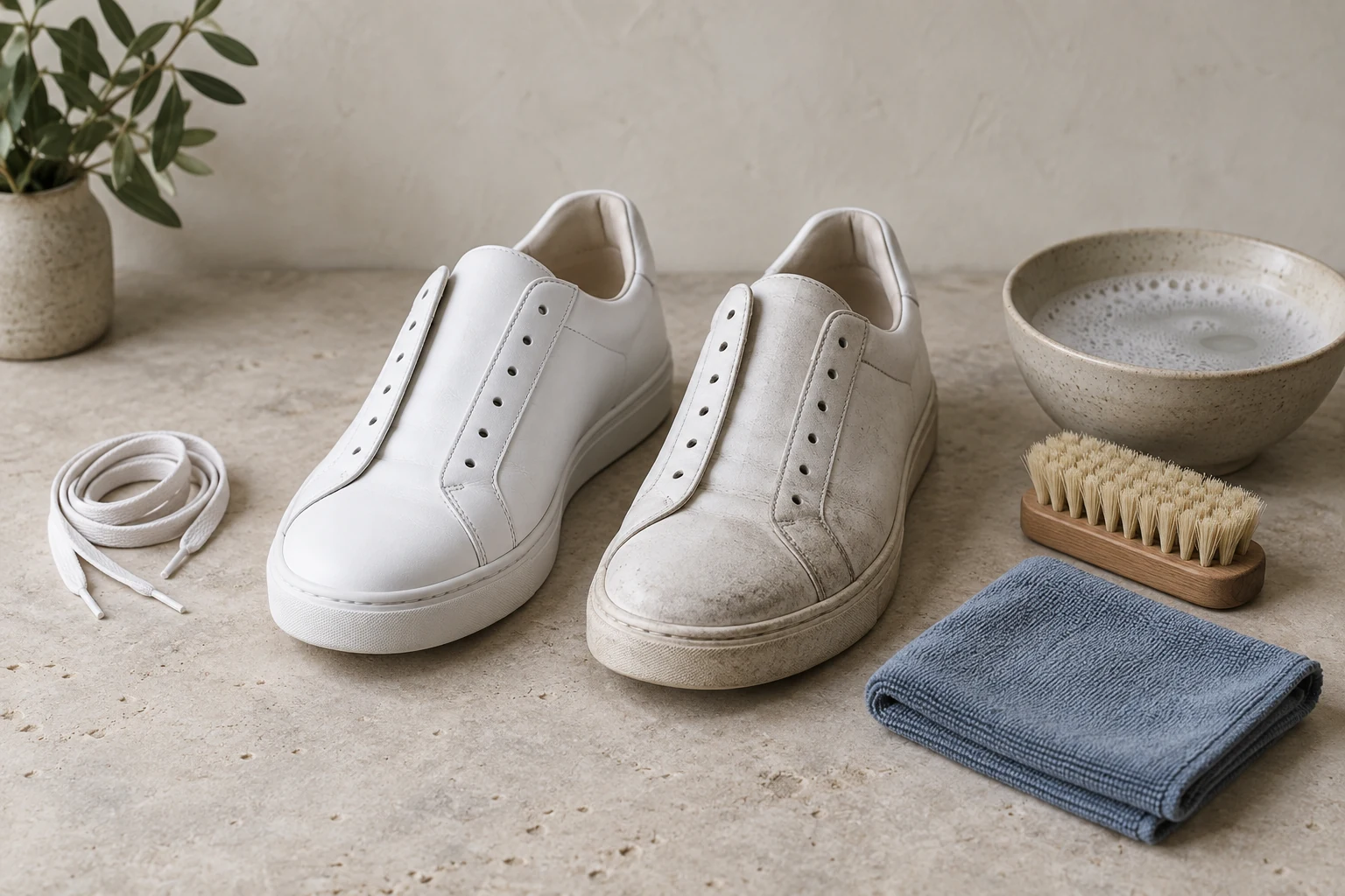 Clean and soiled white leather sneakers sit with removed laces a brush soapy water and a folded cloth.