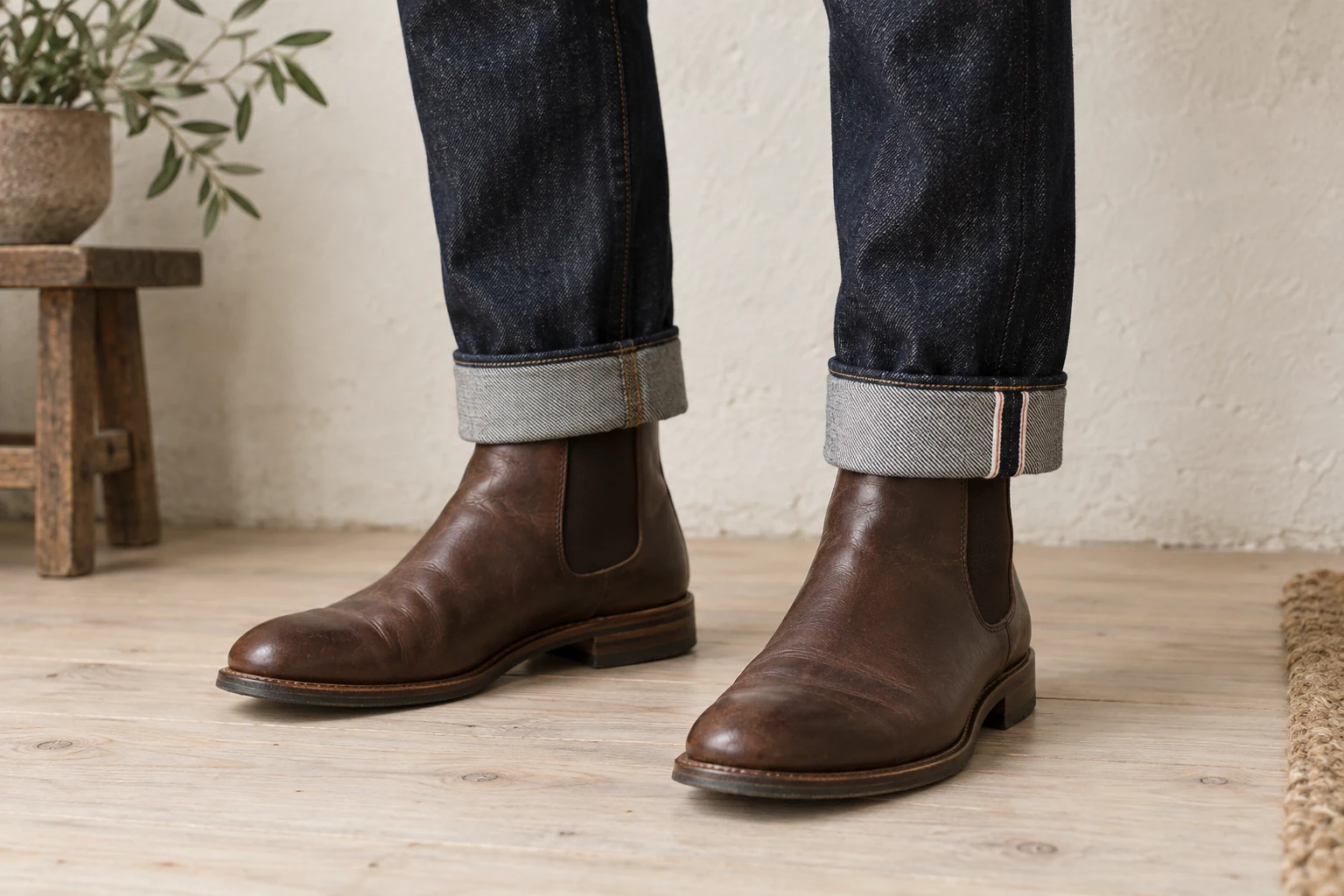 Dark indigo jeans have neat pale single cuffs with a selvedge line above brown Chelsea boots