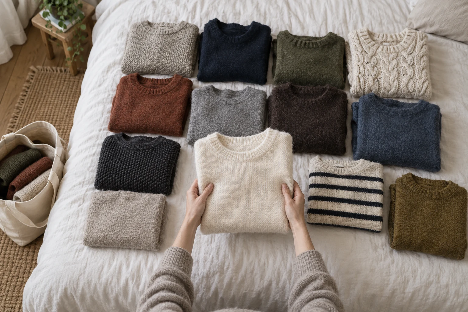 Two hands examine a cream sweater above rows of folded knits with a canvas tote beside the bed